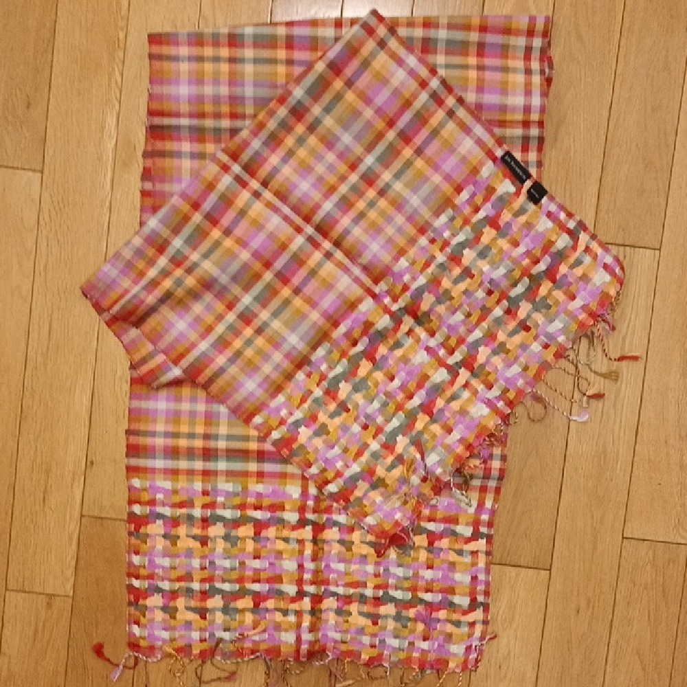 Jim Thompson Handwoven Multicolor Plaid Thai Long Silk Scarf White Lotus